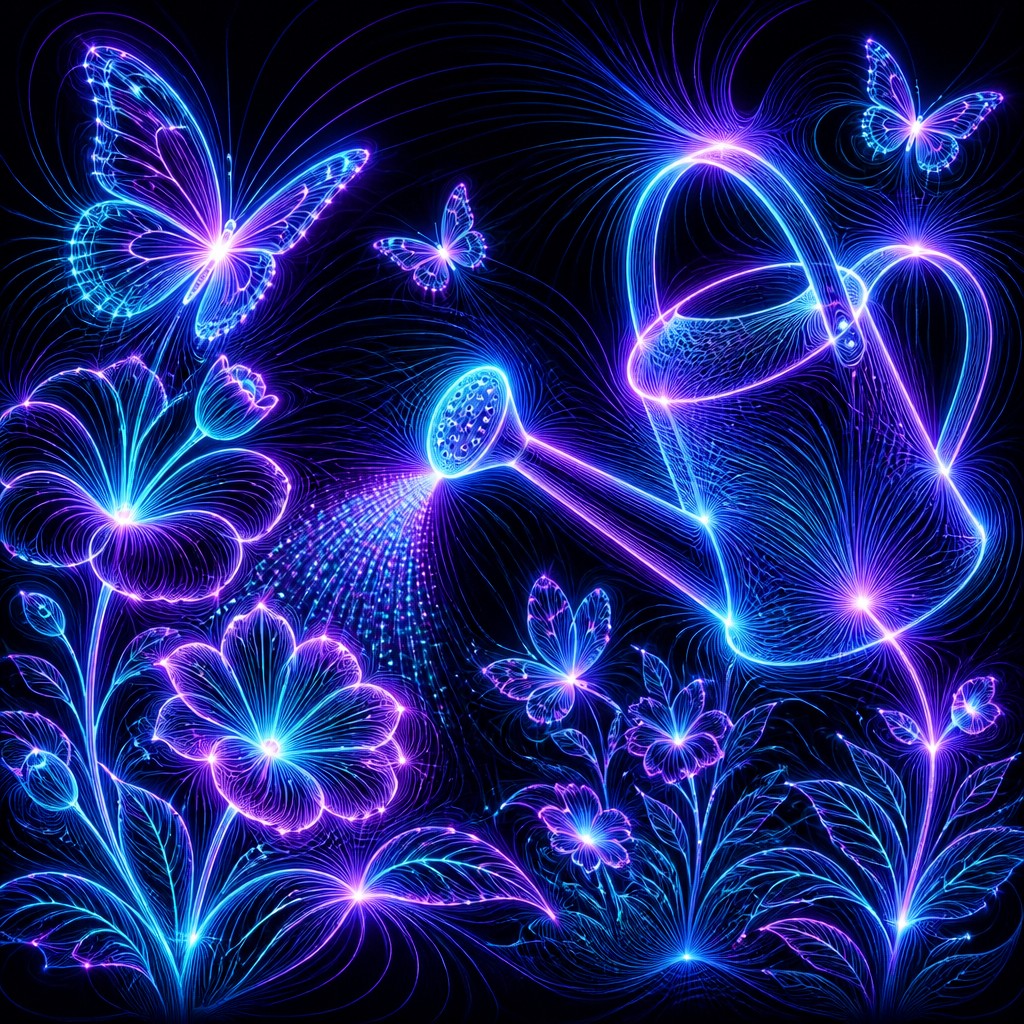 a garden scene with butterflies, flowers and a watering can, clean uncolored line art, no text