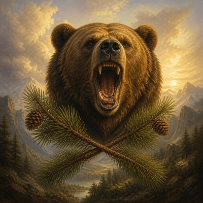 a roaring bear head above crossed pine branches, bold graphic composition on a plain background, no text