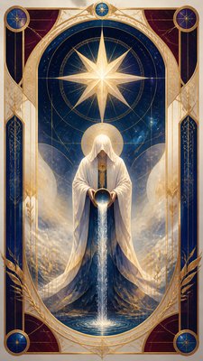 a robed figure pouring water beneath a large eight-pointed star in a night sky, symmetrical composition with an ornate decorative border, no text
