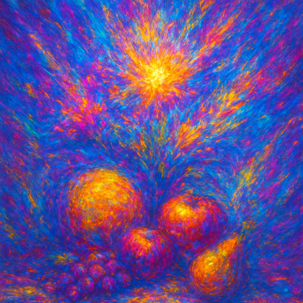 still life arrangement of fruits and flowers