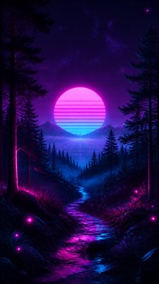 a mysterious forest path with fireflies and drifting mist, atmospheric vertical composition with open space at the top, no text