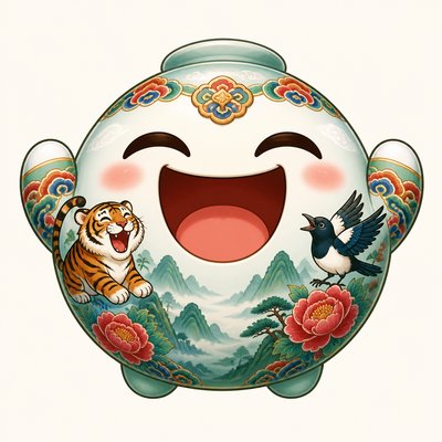 an exaggerated laughing face of an original round mascot character, bold and readable at small size, plain background, no text