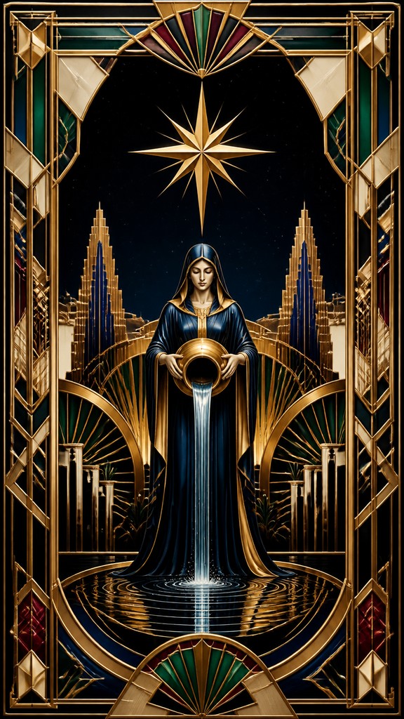 a robed figure pouring water beneath a large eight-pointed star in a night sky, symmetrical composition with an ornate decorative border, no text