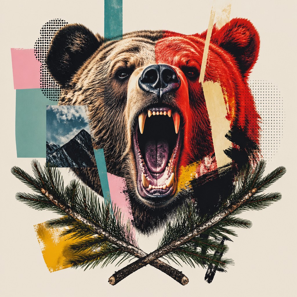 a roaring bear head above crossed pine branches, bold graphic composition on a plain background, no text