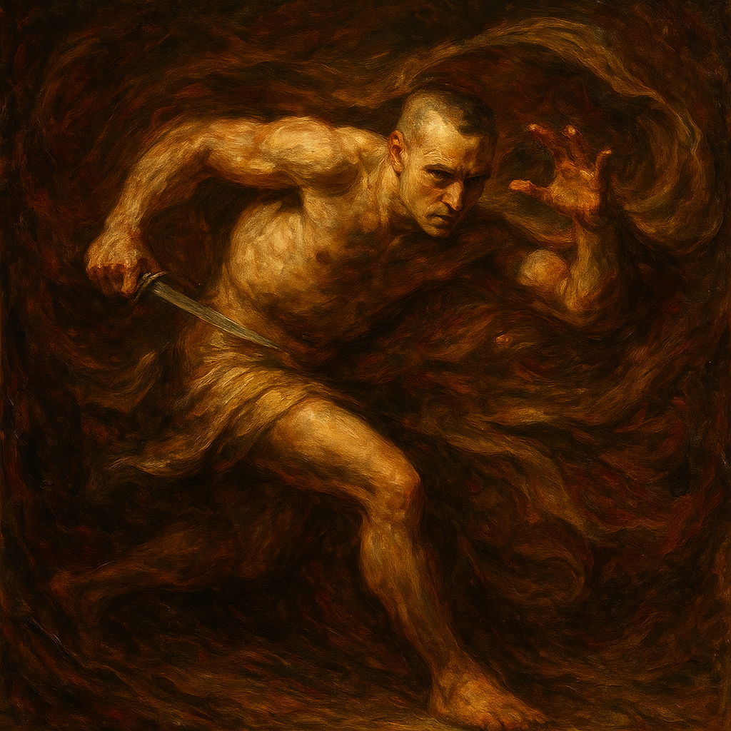 a painting of a man holding a sword