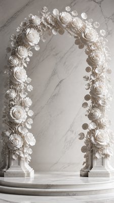 an arch of white roses and eucalyptus in soft morning light, elegant vertical composition with open space, no text
