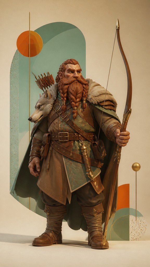 full-body original character: a dwarven ranger with a braided auburn beard, worn leather armor, a longbow and a wolf-pelt cloak, neutral background, no text