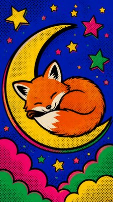 a sleeping baby fox curled on a crescent moon among soft stars, gentle and warm, no text
