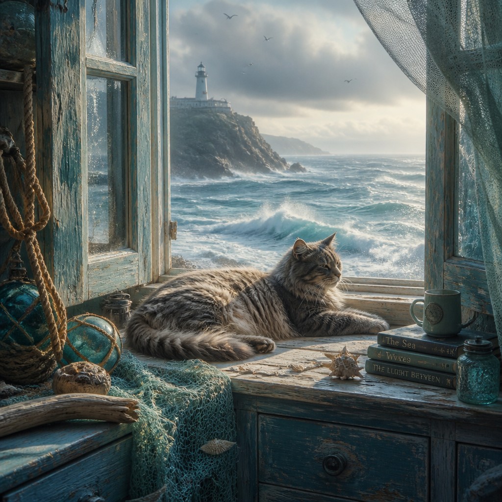 a cat lounging in a sunlit window — Oceancore Aesthetic