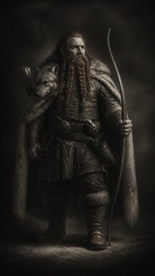 full-body original character: a dwarven ranger with a braided auburn beard, worn leather armor, a longbow and a wolf-pelt cloak, neutral background, no text