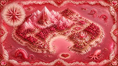 a map of an island realm with mountains, forests, a sheltered bay, sea monsters in the water and a compass rose, no text labels