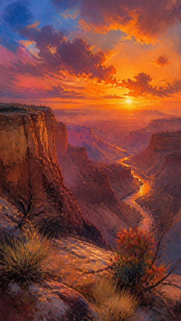 a desert canyon under a dramatic sunset sky, no people