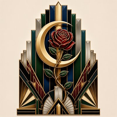 a rose entwined with a crescent moon, clean balanced composition on a plain background, no text