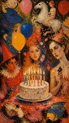 a birthday cake with lit candles surrounded by balloons and confetti, festive vertical composition, no text