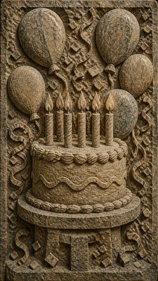 a birthday cake with lit candles surrounded by balloons and confetti, festive vertical composition, no text