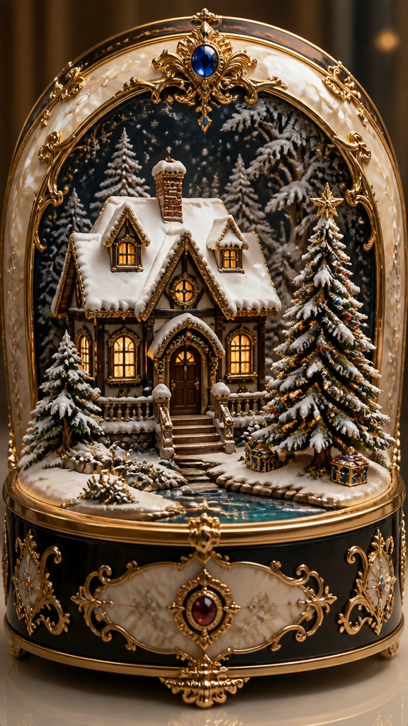 a snow-covered cottage with warm glowing windows beside a decorated pine tree, gentle snowfall, no text