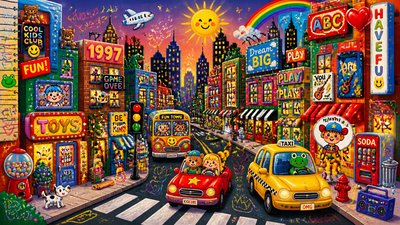 bustling city street panorama at dusk