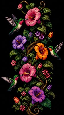 a climbing vine of flowers and hummingbirds on a dark background, tall wrapping composition, no text
