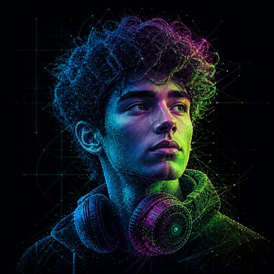 head-and-shoulders portrait of an original character: a young man with curly dark hair and headphones around his neck, plain backdrop, no text