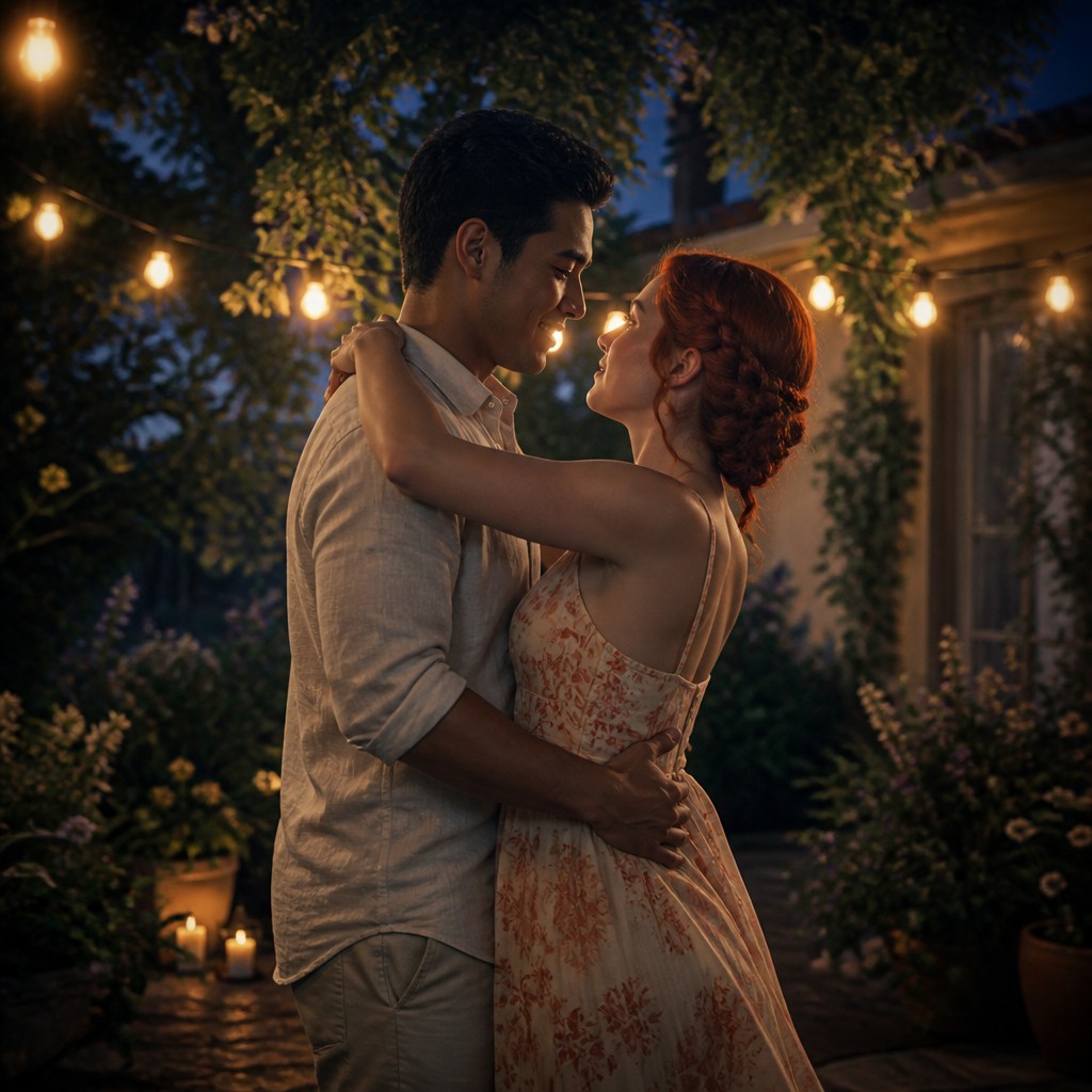 an original couple dancing under string lights in a garden at dusk: a man with short black hair in a linen shirt and a woman with braided red hair in a summer dress