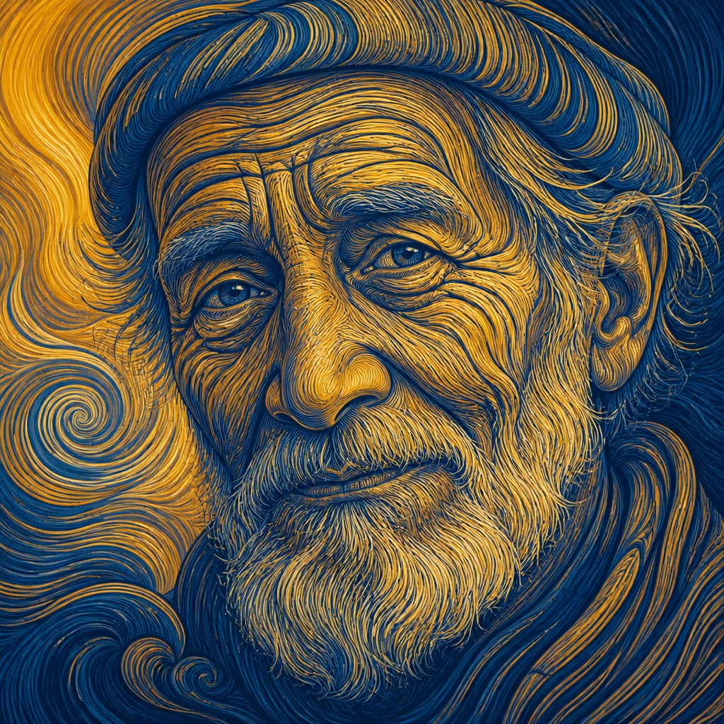 close-up portrait of an elderly person with expressive weathered features — Visual Rhythm Art Style