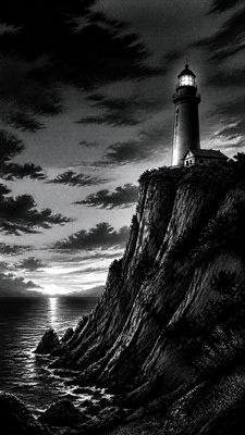 a lone lighthouse on a cliff at dusk under a dramatic sky, no text or lettering