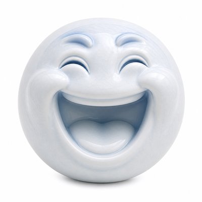 an exaggerated laughing face of an original round mascot character, bold and readable at small size, plain background, no text