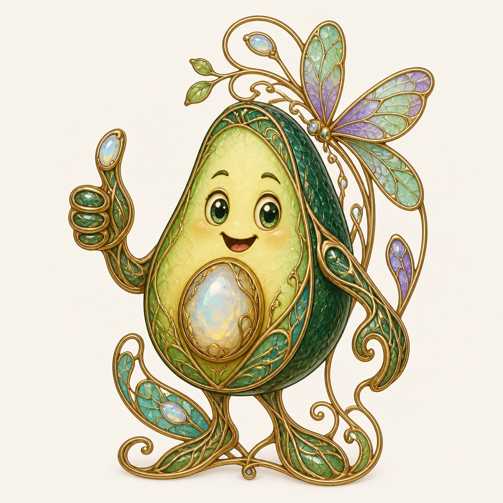 a happy avocado character giving a thumbs up, bold readable design on a plain background, no text