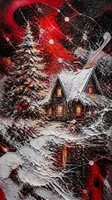 a snow-covered cottage with warm glowing windows beside a decorated pine tree, gentle snowfall, no text