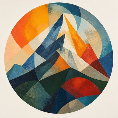 an emblem of a mountain peak inside a circle, simple bold shapes on a plain background, no text or lettering