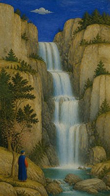 towering waterfall cascading down a cliff
