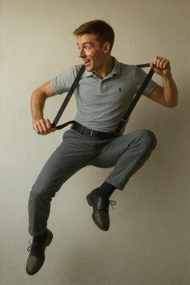 a man jumping in the air with a pair of suspenders