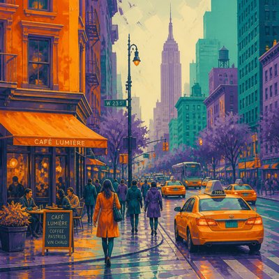 urban street with city activity — Split-Complementary Colors Art Style