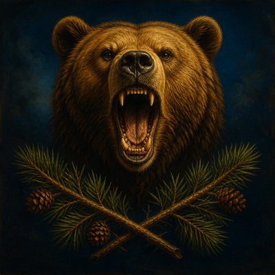 a roaring bear head above crossed pine branches, bold graphic composition on a plain background, no text