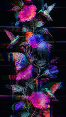 a climbing vine of flowers and hummingbirds on a dark background, tall wrapping composition, no text