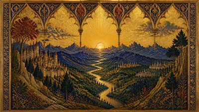 a vast valley with a river winding toward distant mountains at sunrise, no people, no text