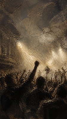 a live music scene with a glowing stage and silhouetted crowd, energetic vertical composition with open space at the top, no text