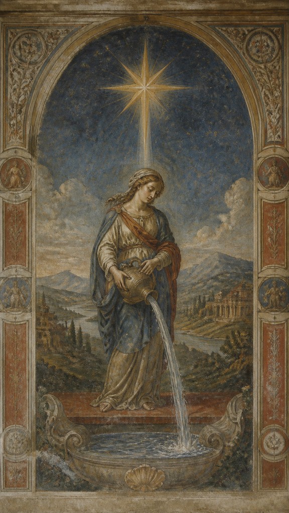 a robed figure pouring water beneath a large eight-pointed star in a night sky, symmetrical composition with an ornate decorative border, no text