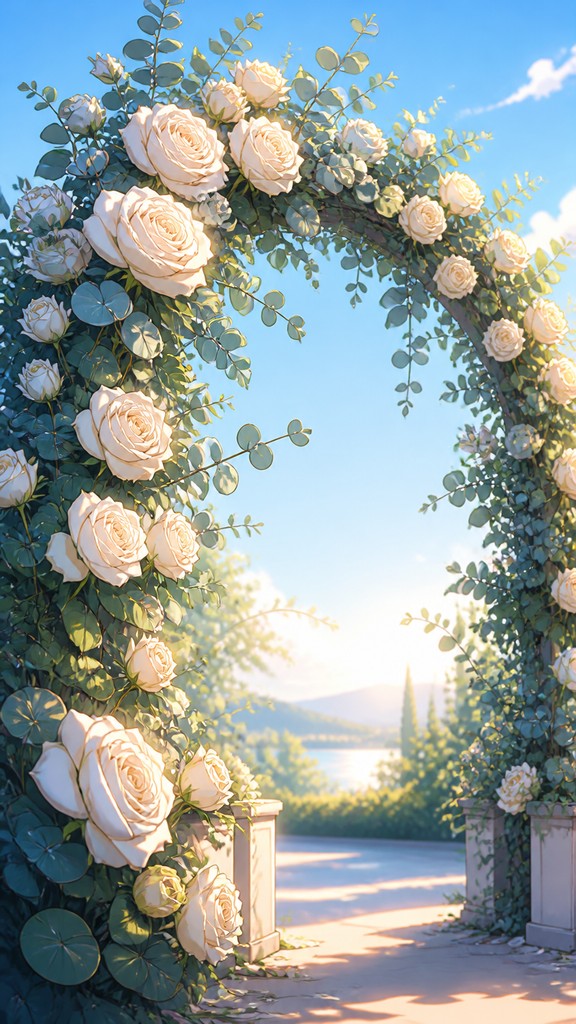 an arch of white roses and eucalyptus in soft morning light, elegant vertical composition with open space, no text
