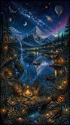a tranquil mountain lake beneath a starry night sky, no people, no text