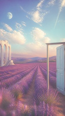 a field of lavender stretching to distant hills at dusk, no people