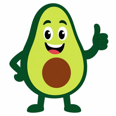 a happy avocado character giving a thumbs up, bold readable design on a plain background, no text