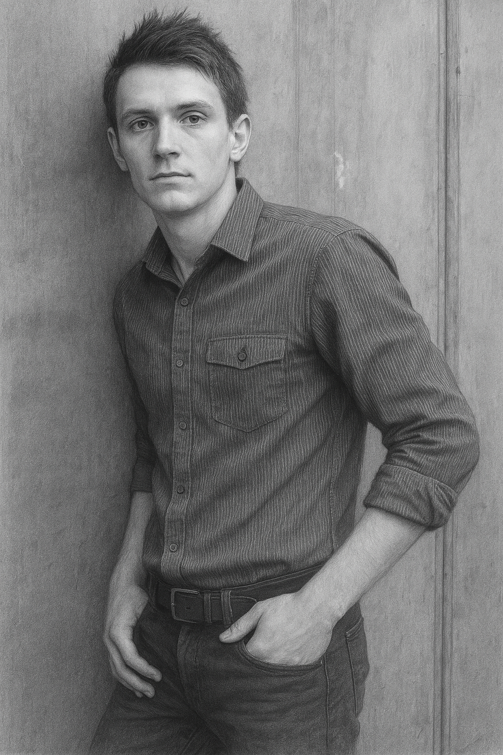 a black and white photo of a man leaning against a wall