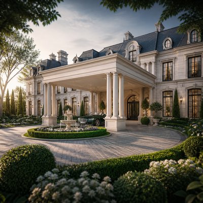 a modern neo-classical styled mansion with a porte couchere, and beautiful symmetry. immaculate gardens and a sweeping in and out drive. a bentley convertible in country racing green parked under the porte couchere
