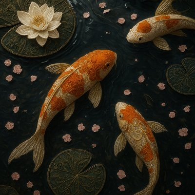 A koi pond seen from above, orange and white koi fish swimming among lily pads, clear water with subtle ripples, fallen cherry blossom petals floating on the surface, dappled sunlight