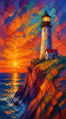 a lone lighthouse on a cliff at dusk under a dramatic sky, no text or lettering