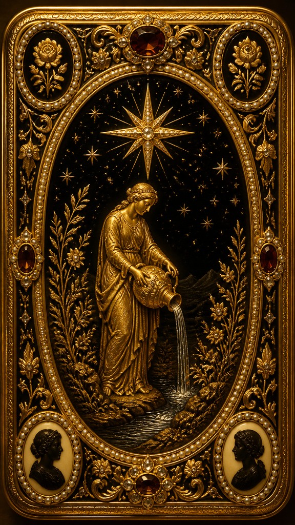 a robed figure pouring water beneath a large eight-pointed star in a night sky, symmetrical composition with an ornate decorative border, no text