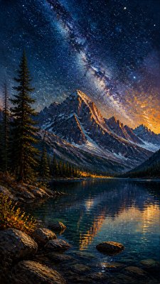 a tranquil mountain lake beneath a starry night sky, no people, no text