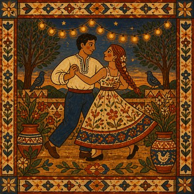 an original couple dancing under string lights in a garden at dusk: a man with short black hair in a linen shirt and a woman with braided red hair in a summer dress