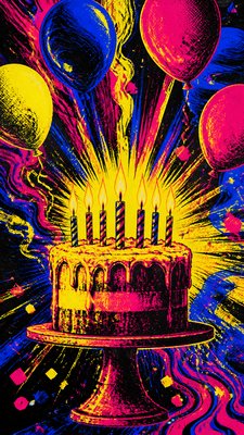 a birthday cake with lit candles surrounded by balloons and confetti, festive vertical composition, no text